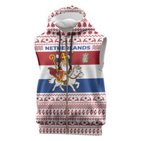 Netherlands Christmas Sleeveless Zip Hoodie with Sinterklaas Horse Dutch Flag and Festive Knit Pattern - Wonder Print Shop