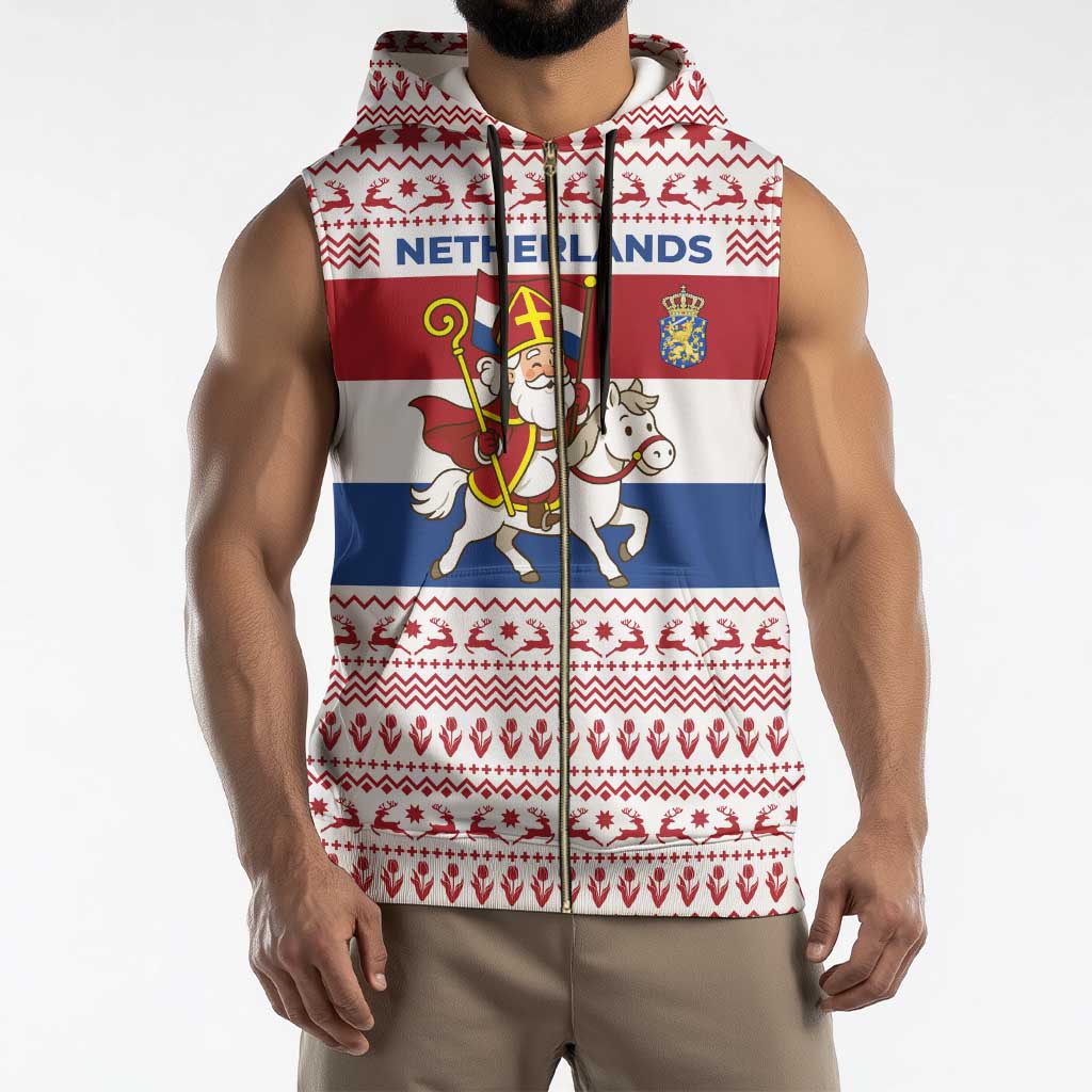 Netherlands Christmas Sleeveless Zip Hoodie with Sinterklaas Horse Dutch Flag and Festive Knit Pattern - Wonder Print Shop