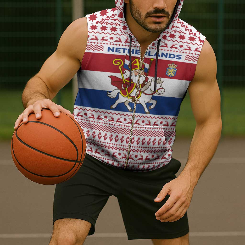 Netherlands Christmas Sleeveless Zip Hoodie with Sinterklaas Horse Dutch Flag and Festive Knit Pattern - Wonder Print Shop