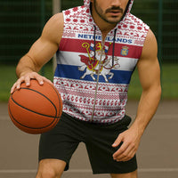 Netherlands Christmas Sleeveless Zip Hoodie with Sinterklaas Horse Dutch Flag and Festive Knit Pattern - Wonder Print Shop