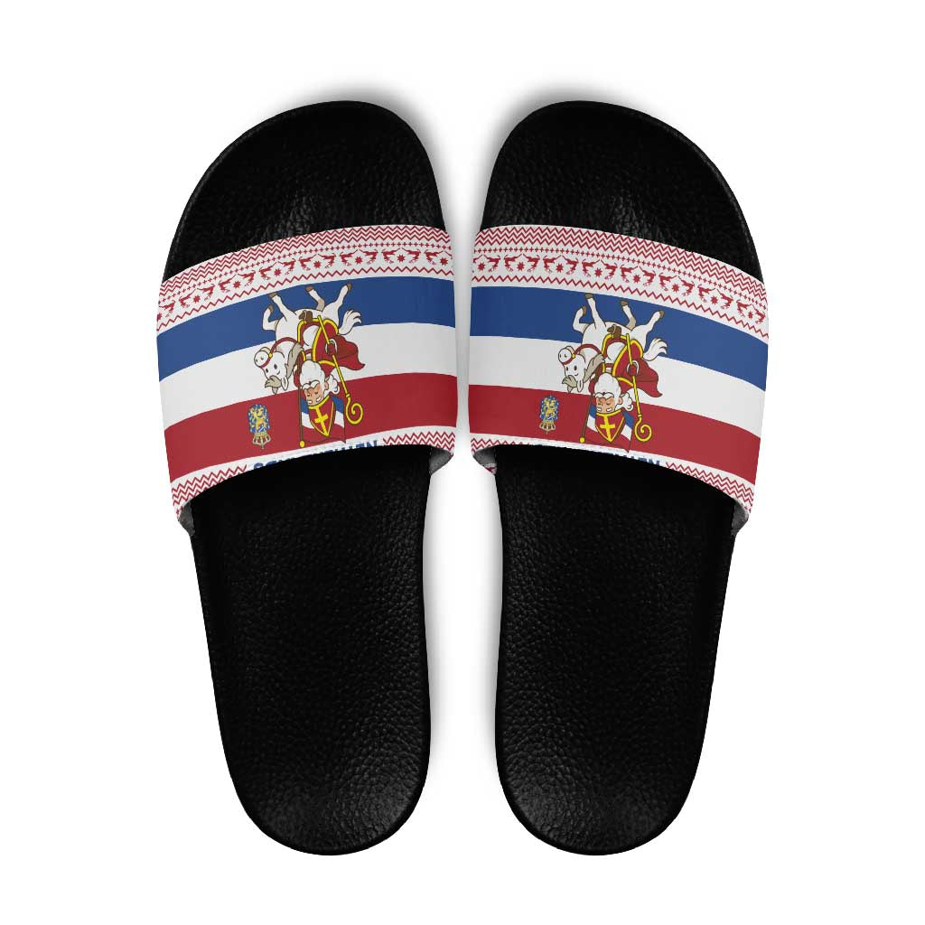 Netherlands Christmas Slide Sandals with Sinterklaas Horse Dutch Flag and Festive Knit Pattern - Wonder Print Shop