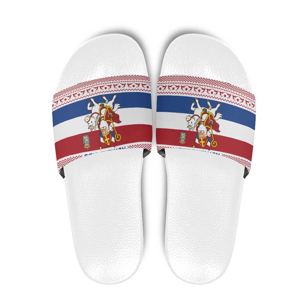 Netherlands Christmas Slide Sandals with Sinterklaas Horse Dutch Flag and Festive Knit Pattern - Wonder Print Shop