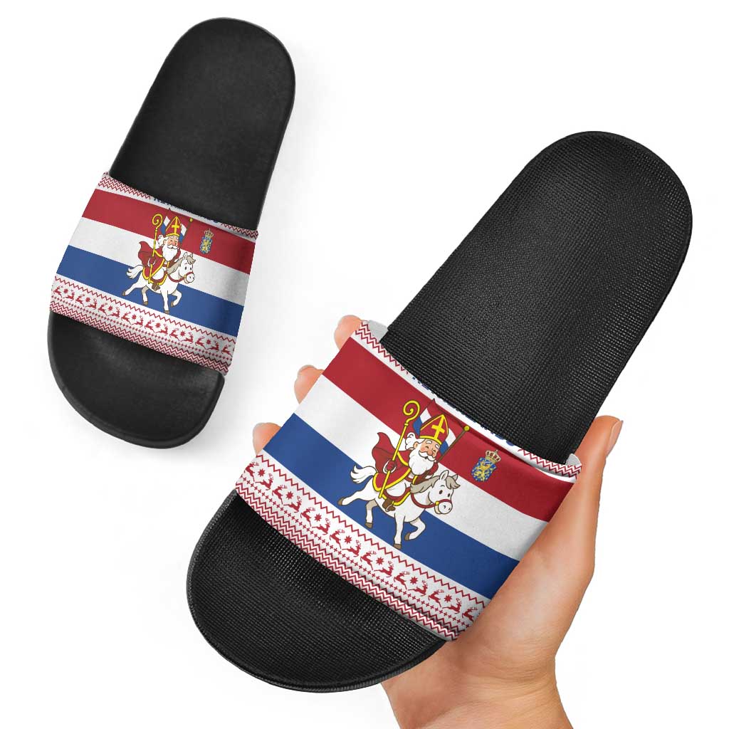 Netherlands Christmas Slide Sandals with Sinterklaas Horse Dutch Flag and Festive Knit Pattern - Wonder Print Shop