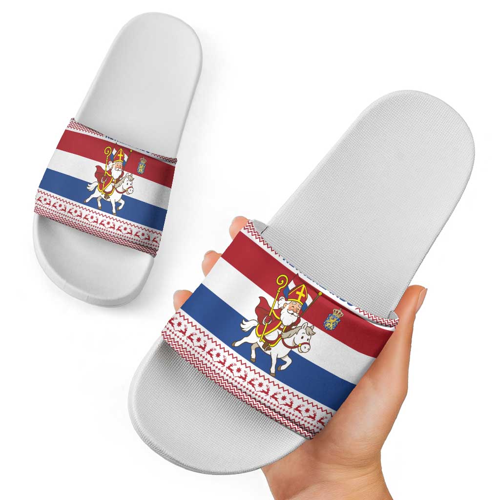 Netherlands Christmas Slide Sandals with Sinterklaas Horse Dutch Flag and Festive Knit Pattern - Wonder Print Shop