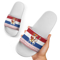 Netherlands Christmas Slide Sandals with Sinterklaas Horse Dutch Flag and Festive Knit Pattern - Wonder Print Shop