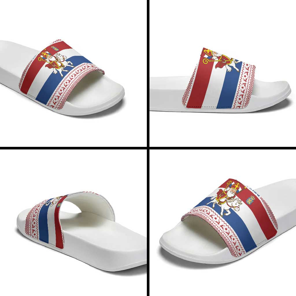 Netherlands Christmas Slide Sandals with Sinterklaas Horse Dutch Flag and Festive Knit Pattern - Wonder Print Shop
