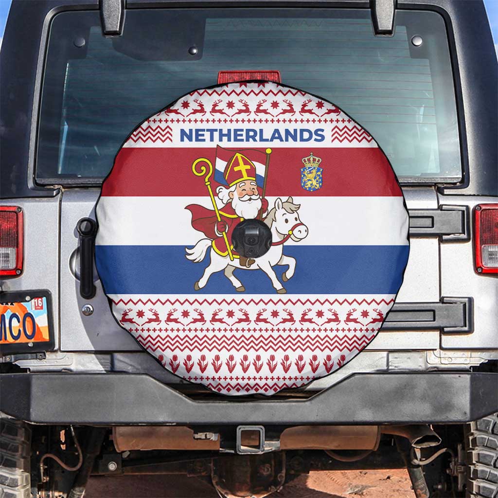Netherlands Christmas Spare Tire Cover with Sinterklaas Horse Dutch Flag and Festive Knit Pattern - Wonder Print Shop