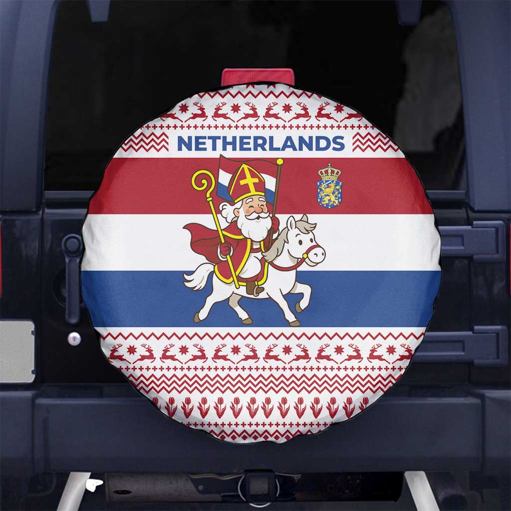 Netherlands Christmas Spare Tire Cover with Sinterklaas Horse Dutch Flag and Festive Knit Pattern - Wonder Print Shop