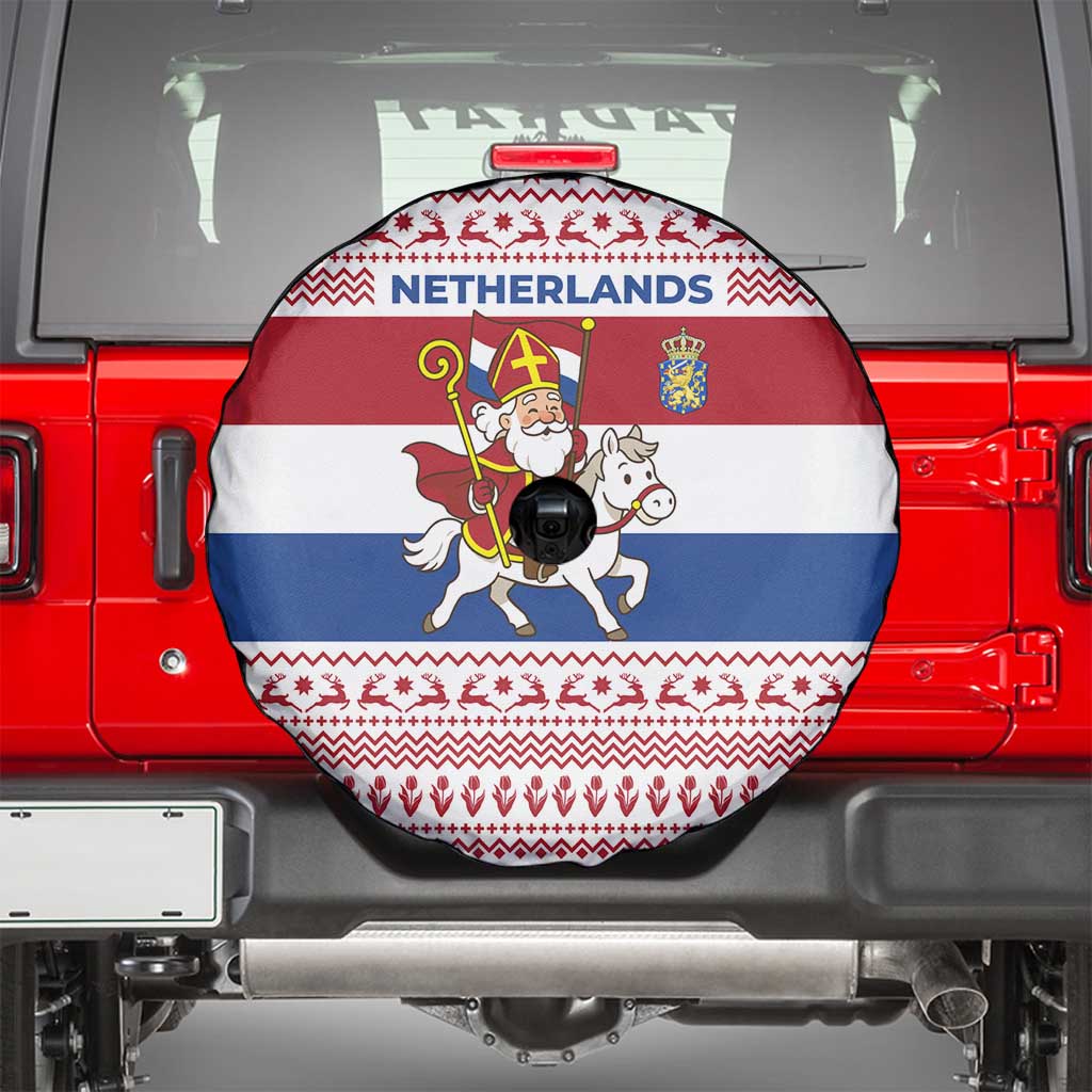Netherlands Christmas Spare Tire Cover with Sinterklaas Horse Dutch Flag and Festive Knit Pattern - Wonder Print Shop