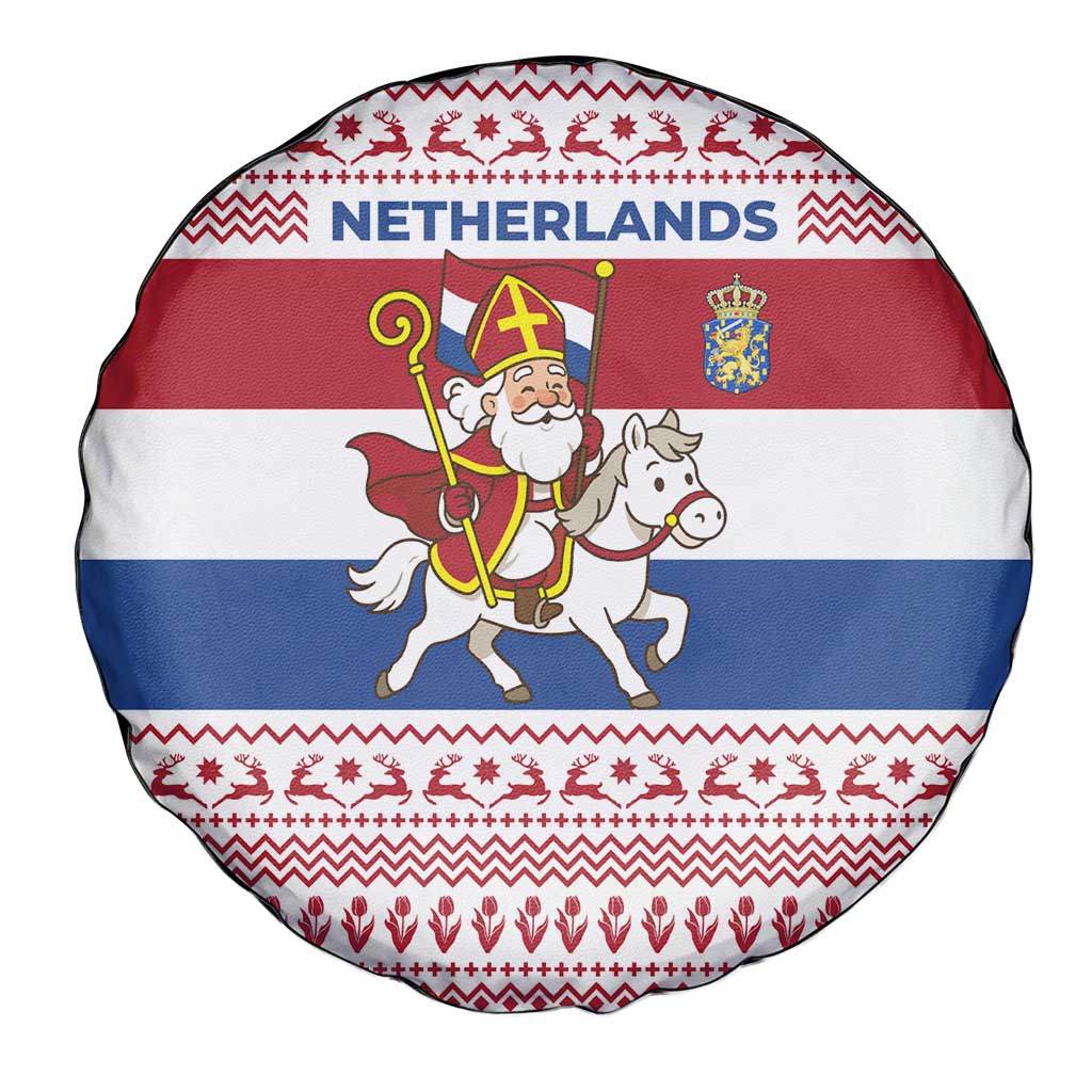 Netherlands Christmas Spare Tire Cover with Sinterklaas Horse Dutch Flag and Festive Knit Pattern - Wonder Print Shop