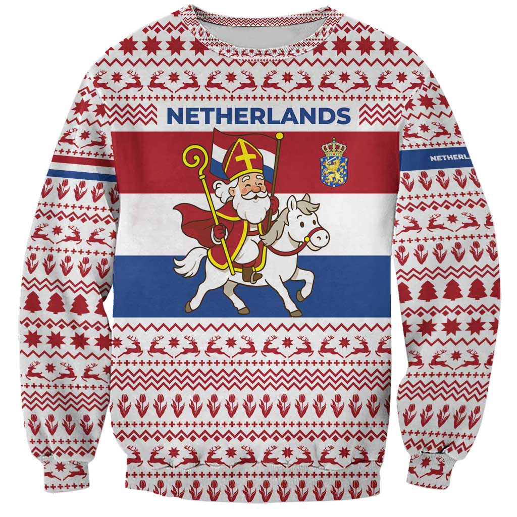 Netherlands Christmas Sweatshirt with Sinterklaas Horse Dutch Flag and Festive Knit Pattern - Wonder Print Shop