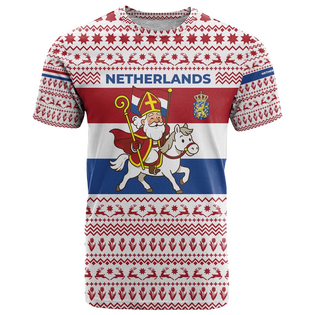 Netherlands Christmas T Shirt with Sinterklaas Horse Dutch Flag and Festive Knit Pattern - Wonder Print Shop