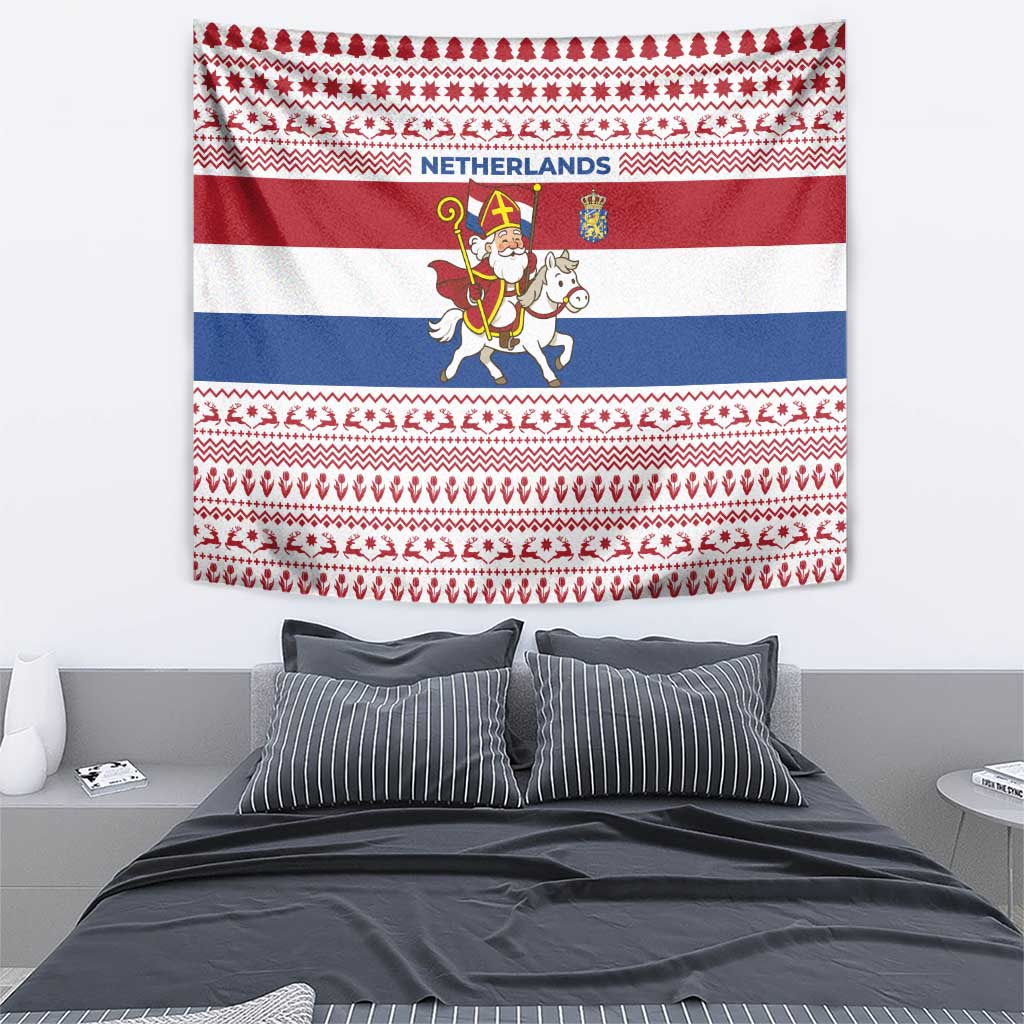 Netherlands Christmas Tapestry with Sinterklaas Horse Dutch Flag and Festive Knit Pattern - Wonder Print Shop