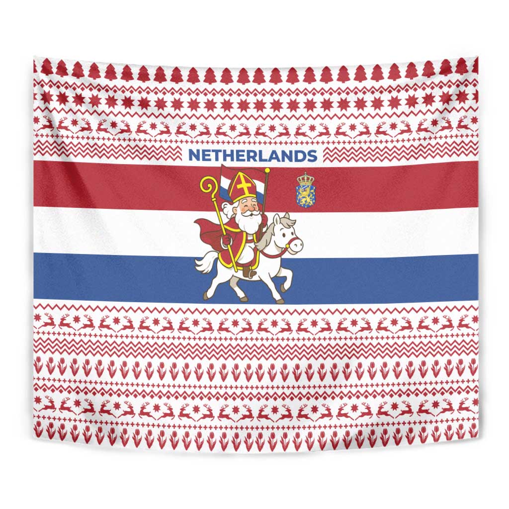 Netherlands Christmas Tapestry with Sinterklaas Horse Dutch Flag and Festive Knit Pattern - Wonder Print Shop