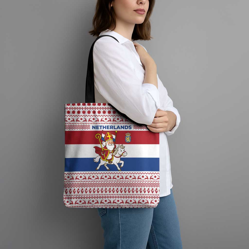 Netherlands Christmas Tote Bag with Sinterklaas Horse Dutch Flag and Festive Knit Pattern - Wonder Print Shop