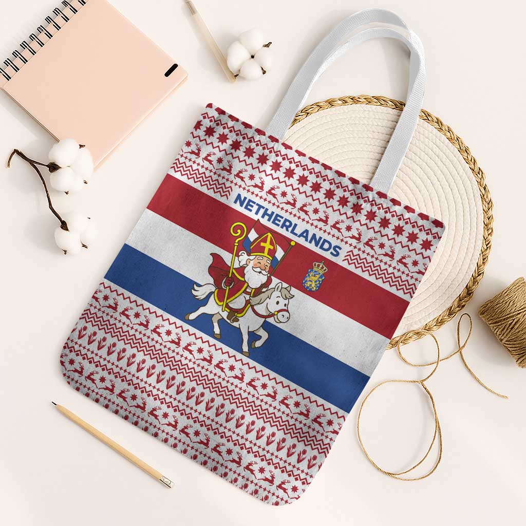 Netherlands Christmas Tote Bag with Sinterklaas Horse Dutch Flag and Festive Knit Pattern - Wonder Print Shop