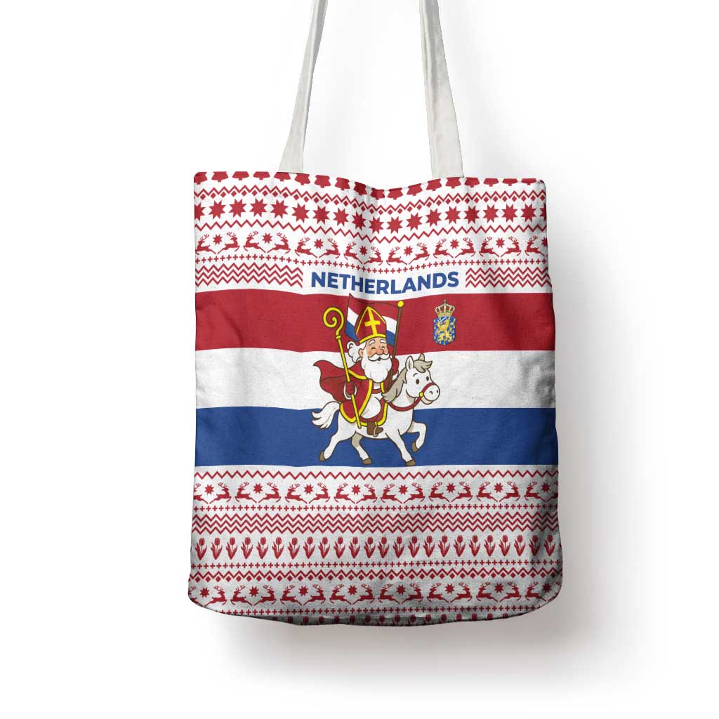 Netherlands Christmas Tote Bag with Sinterklaas Horse Dutch Flag and Festive Knit Pattern - Wonder Print Shop