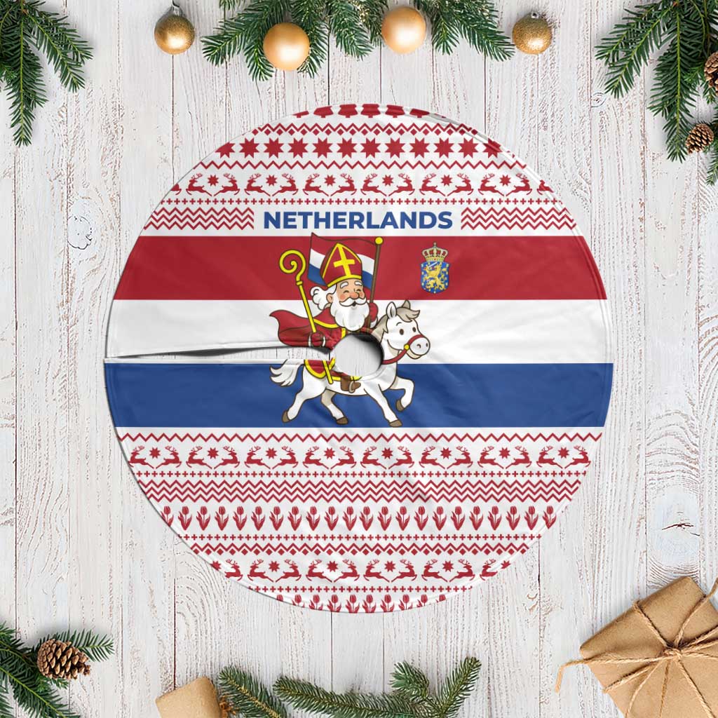 Netherlands Christmas Tree Skirt with Sinterklaas Horse Dutch Flag and Festive Knit Pattern - Wonder Print Shop