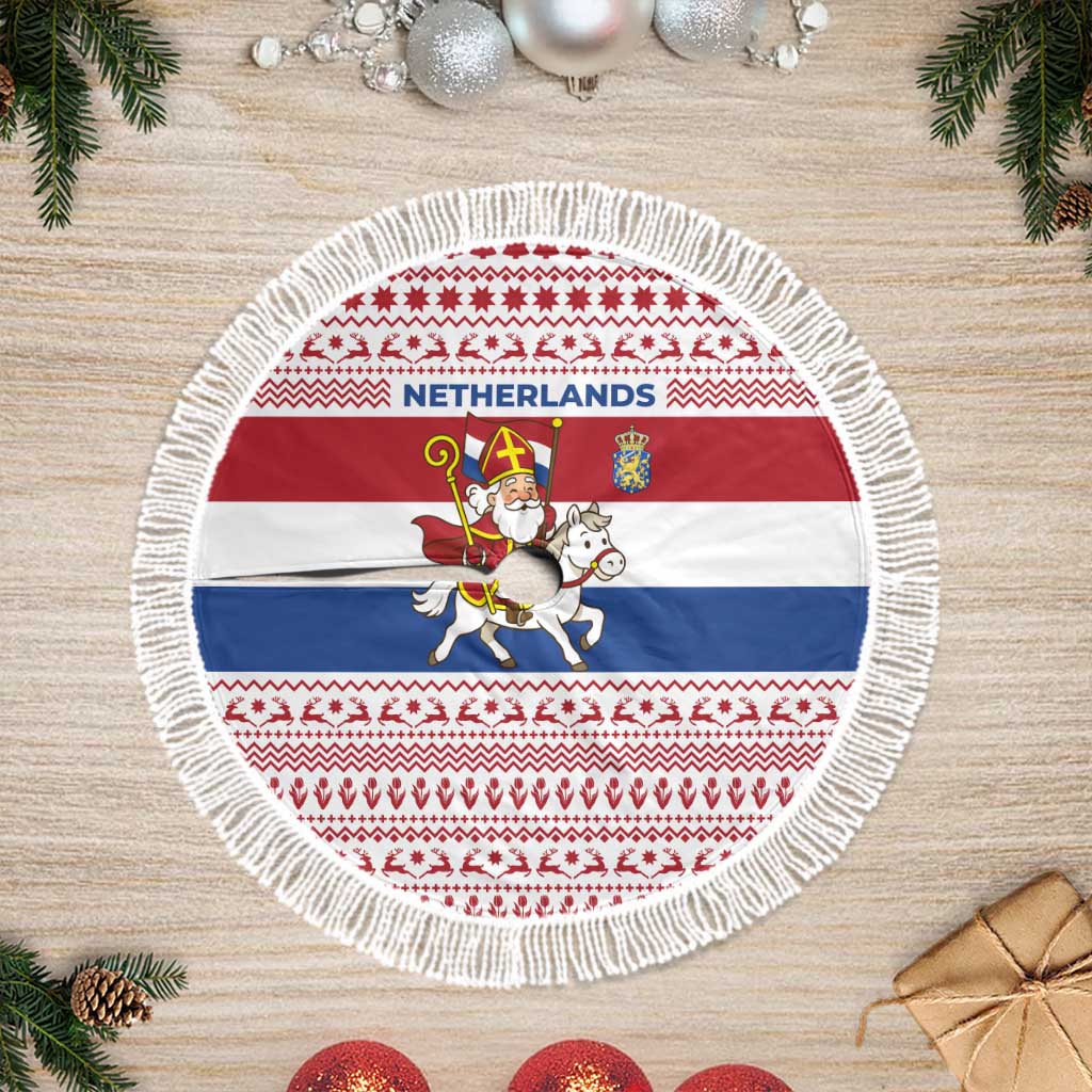 Netherlands Christmas Tree Skirt with Sinterklaas Horse Dutch Flag and Festive Knit Pattern - Wonder Print Shop