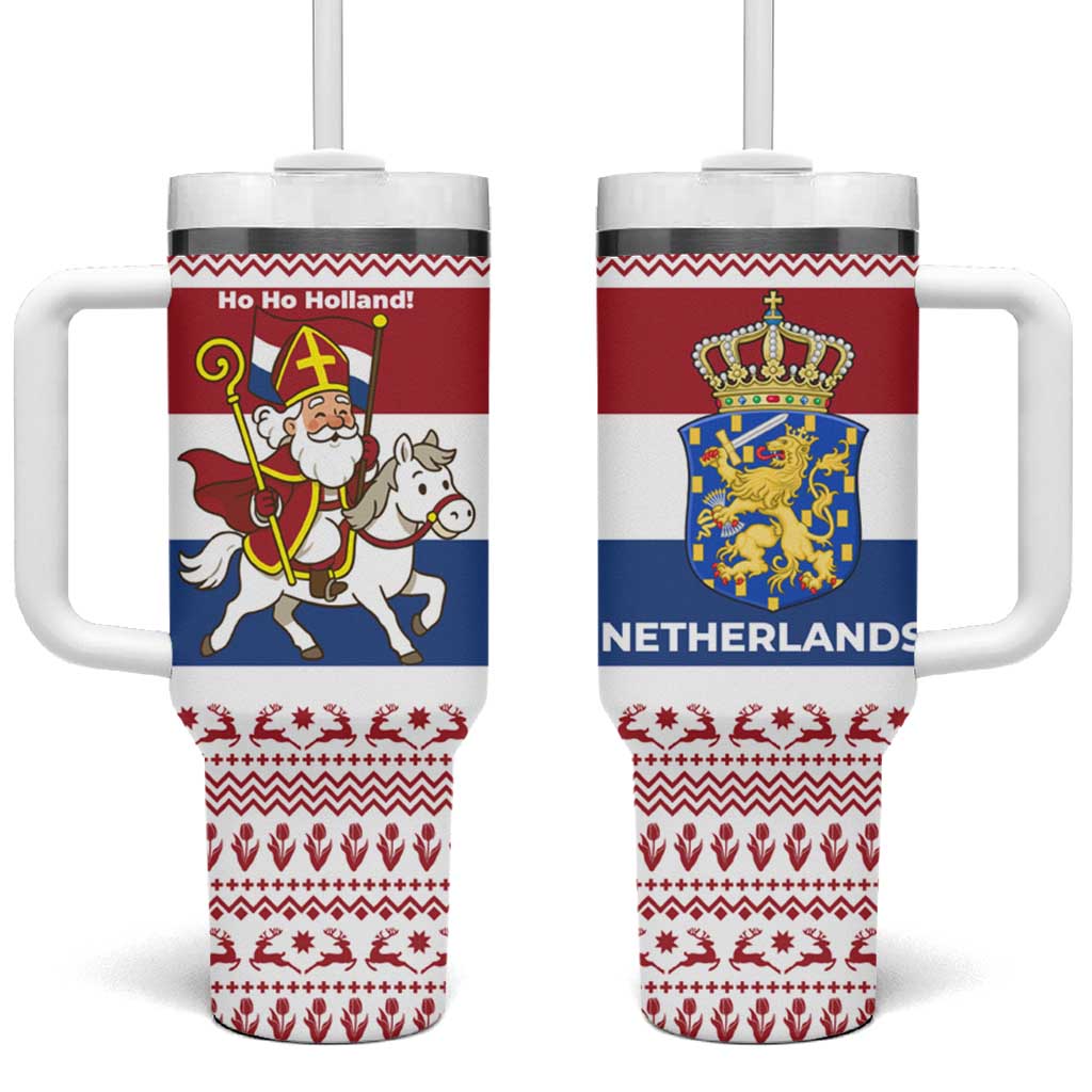 Netherlands Christmas Tumbler With Handle with Sinterklaas Horse Dutch Flag and Festive Knit Pattern - Wonder Print Shop