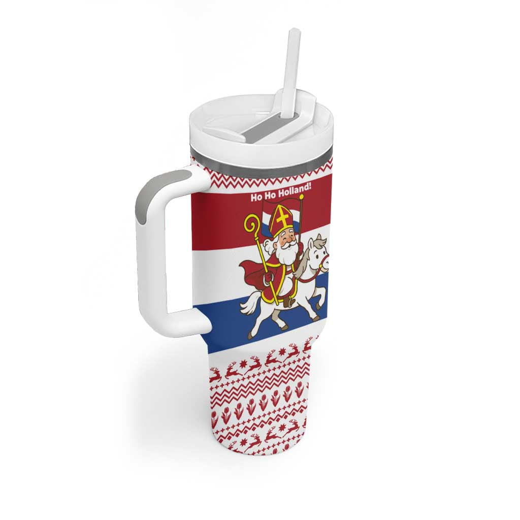 Netherlands Christmas Tumbler With Handle with Sinterklaas Horse Dutch Flag and Festive Knit Pattern - Wonder Print Shop