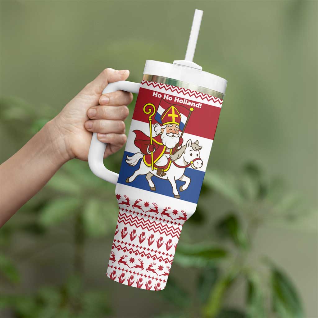 Netherlands Christmas Tumbler With Handle with Sinterklaas Horse Dutch Flag and Festive Knit Pattern - Wonder Print Shop