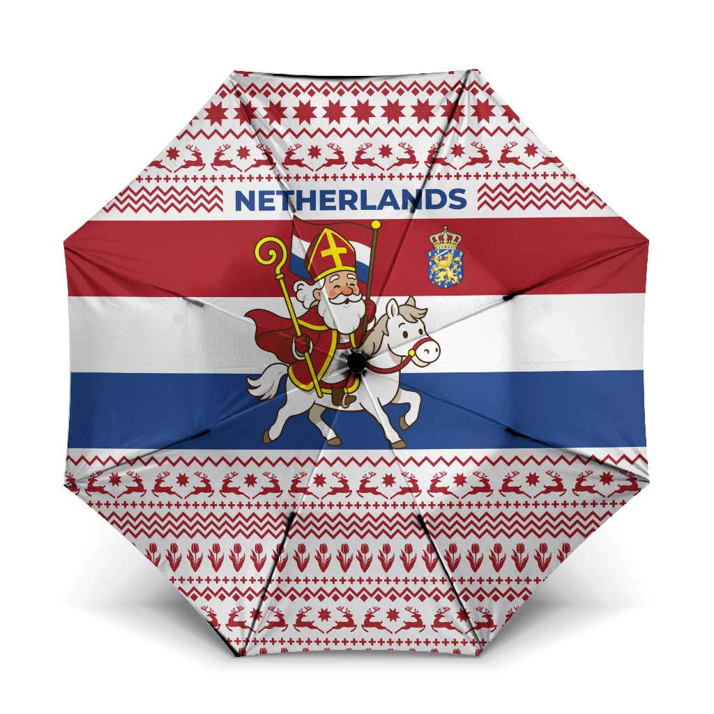 Netherlands Christmas Umbrella with Sinterklaas Horse Dutch Flag and Festive Knit Pattern - Wonder Print Shop