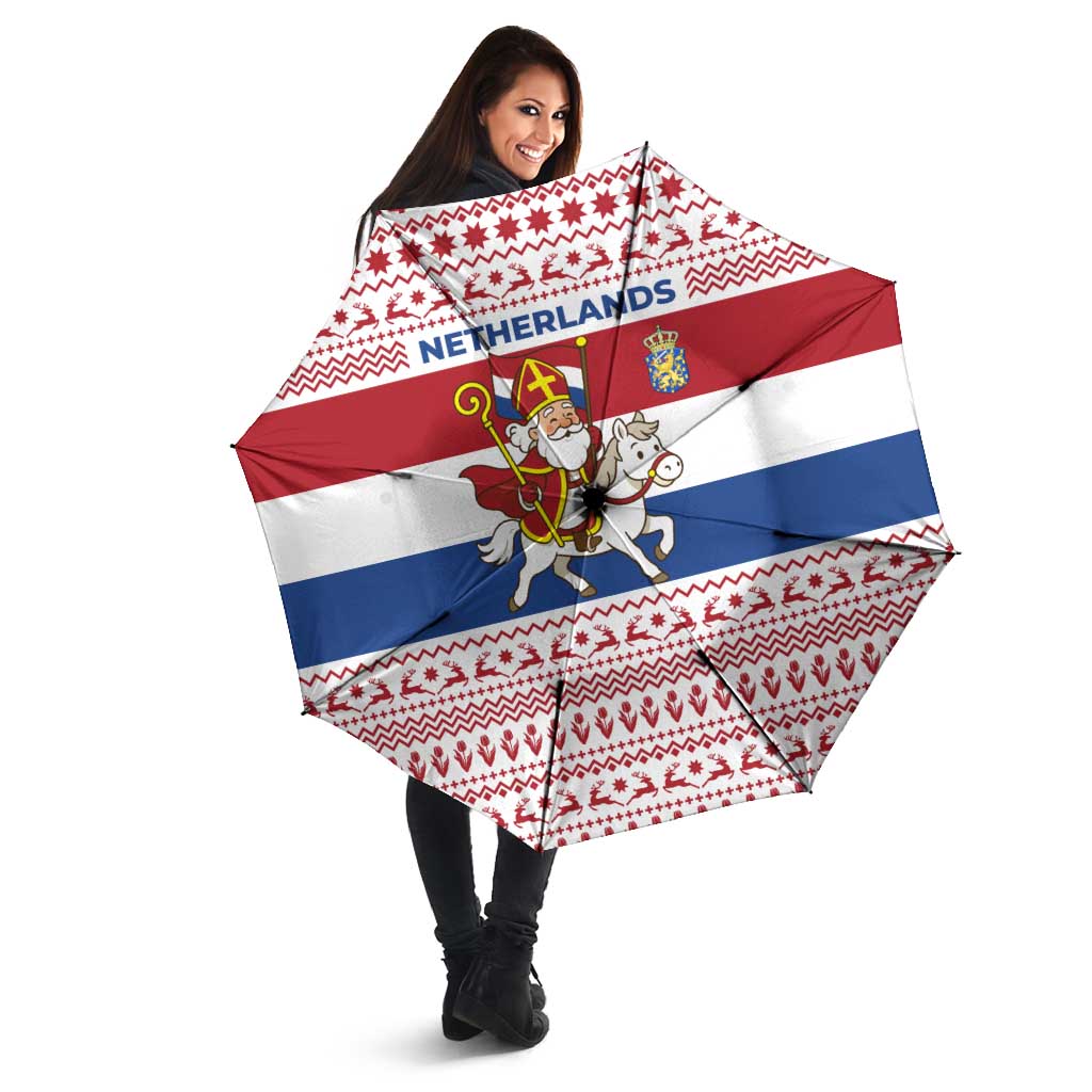 Netherlands Christmas Umbrella with Sinterklaas Horse Dutch Flag and Festive Knit Pattern - Wonder Print Shop