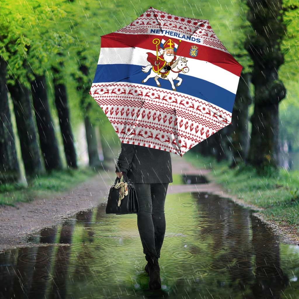 Netherlands Christmas Umbrella with Sinterklaas Horse Dutch Flag and Festive Knit Pattern - Wonder Print Shop