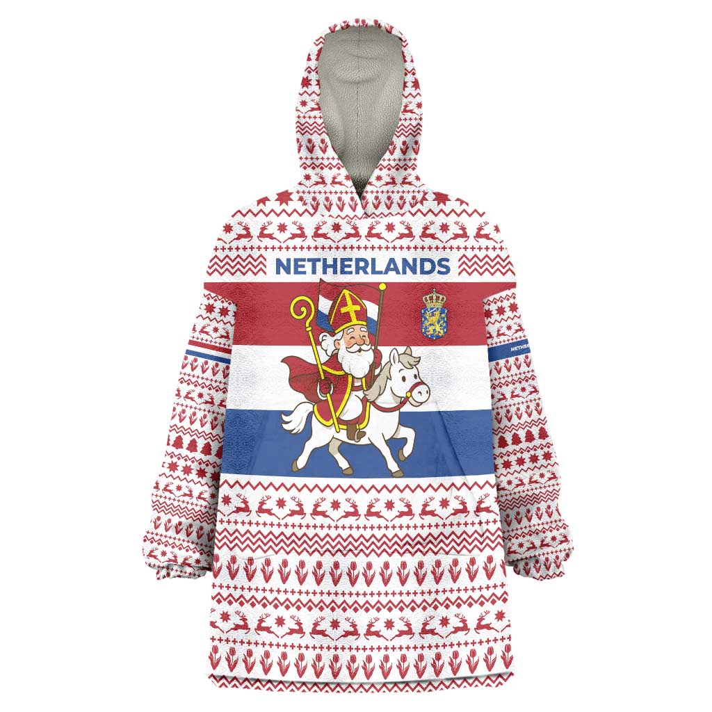 Netherlands Christmas Wearable Blanket Hoodie with Sinterklaas Horse Dutch Flag and Festive Knit Pattern - Wonder Print Shop