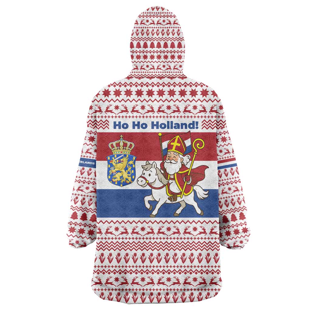 Netherlands Christmas Wearable Blanket Hoodie with Sinterklaas Horse Dutch Flag and Festive Knit Pattern - Wonder Print Shop