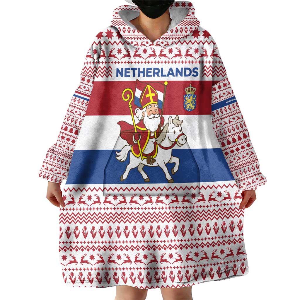 Netherlands Christmas Wearable Blanket Hoodie with Sinterklaas Horse Dutch Flag and Festive Knit Pattern - Wonder Print Shop