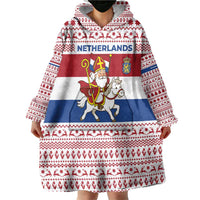 Netherlands Christmas Wearable Blanket Hoodie with Sinterklaas Horse Dutch Flag and Festive Knit Pattern - Wonder Print Shop