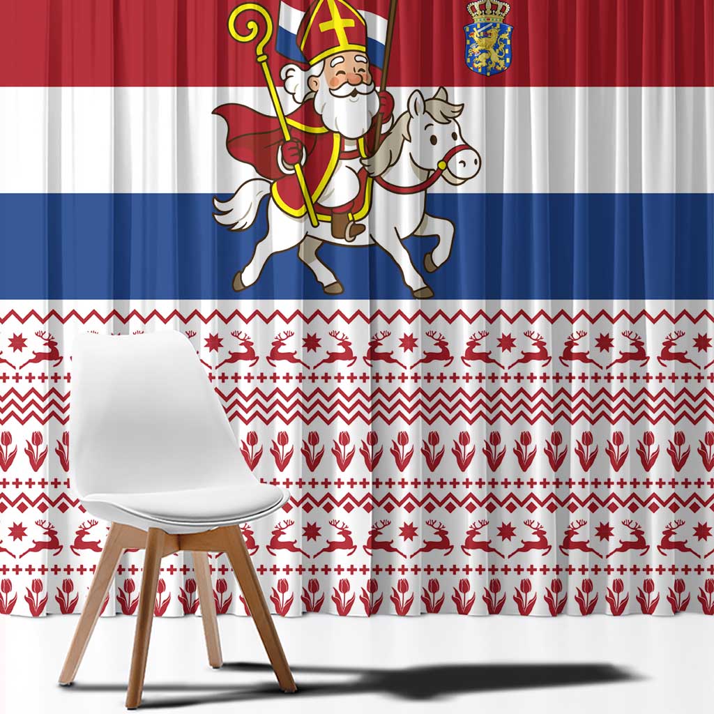 Netherlands Christmas Window Curtain with Sinterklaas Horse Dutch Flag and Festive Knit Pattern - Wonder Print Shop