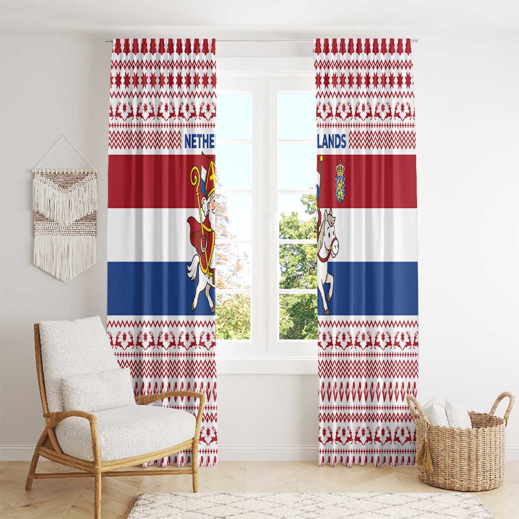 Netherlands Christmas Window Curtain with Sinterklaas Horse Dutch Flag and Festive Knit Pattern - Wonder Print Shop