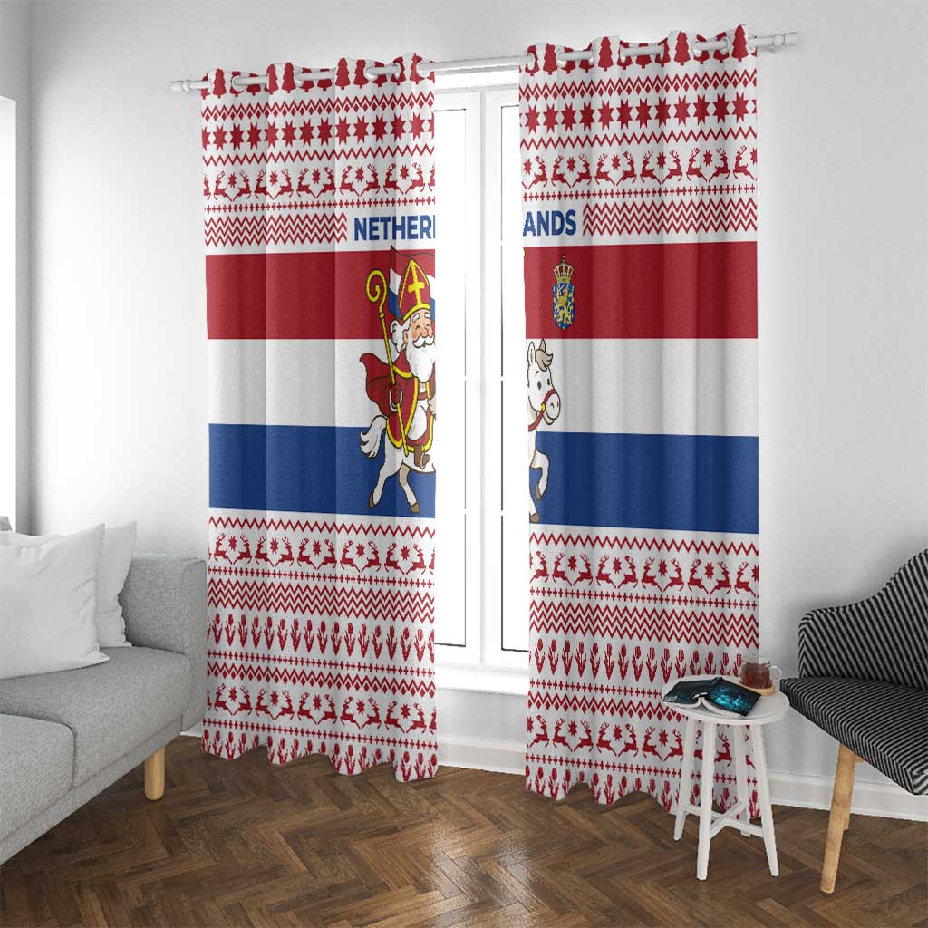 Netherlands Christmas Window Curtain with Sinterklaas Horse Dutch Flag and Festive Knit Pattern - Wonder Print Shop