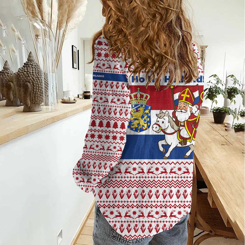 Netherlands Christmas Women Casual Shirt with Sinterklaas Horse Dutch Flag and Festive Knit Pattern - Wonder Print Shop