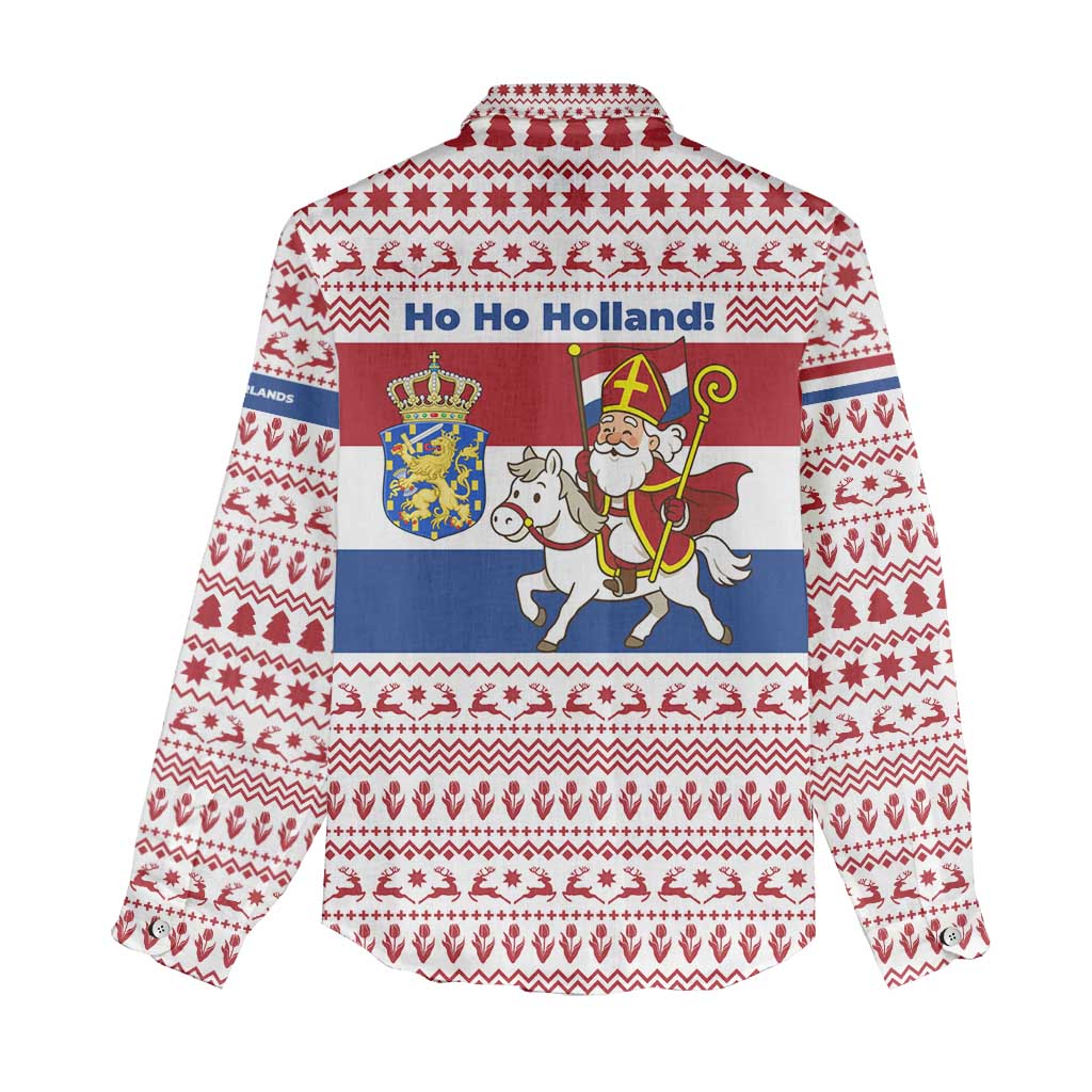 Netherlands Christmas Women Casual Shirt with Sinterklaas Horse Dutch Flag and Festive Knit Pattern - Wonder Print Shop