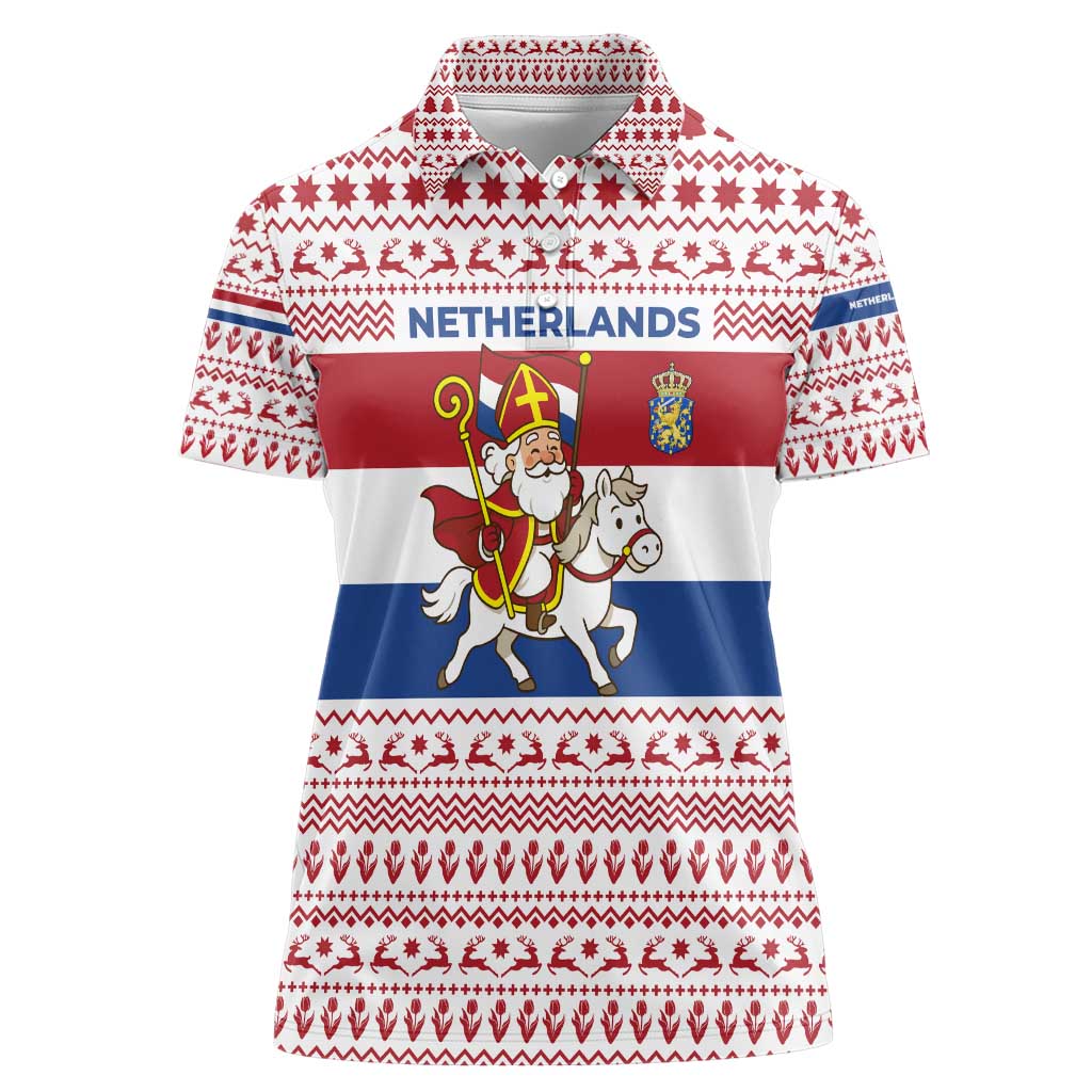 Netherlands Christmas Women Polo Shirt with Sinterklaas Horse Dutch Flag and Festive Knit Pattern - Wonder Print Shop