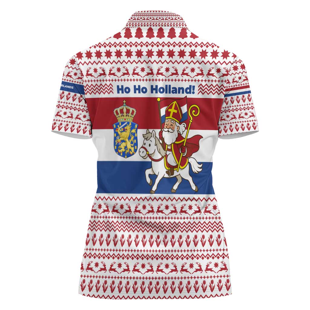 Netherlands Christmas Women Polo Shirt with Sinterklaas Horse Dutch Flag and Festive Knit Pattern - Wonder Print Shop