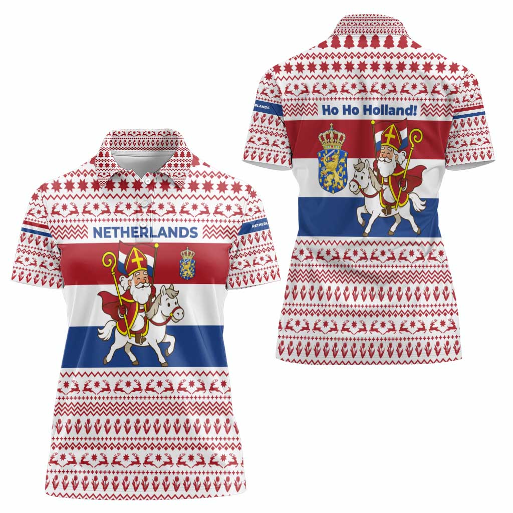 Netherlands Christmas Women Polo Shirt with Sinterklaas Horse Dutch Flag and Festive Knit Pattern - Wonder Print Shop
