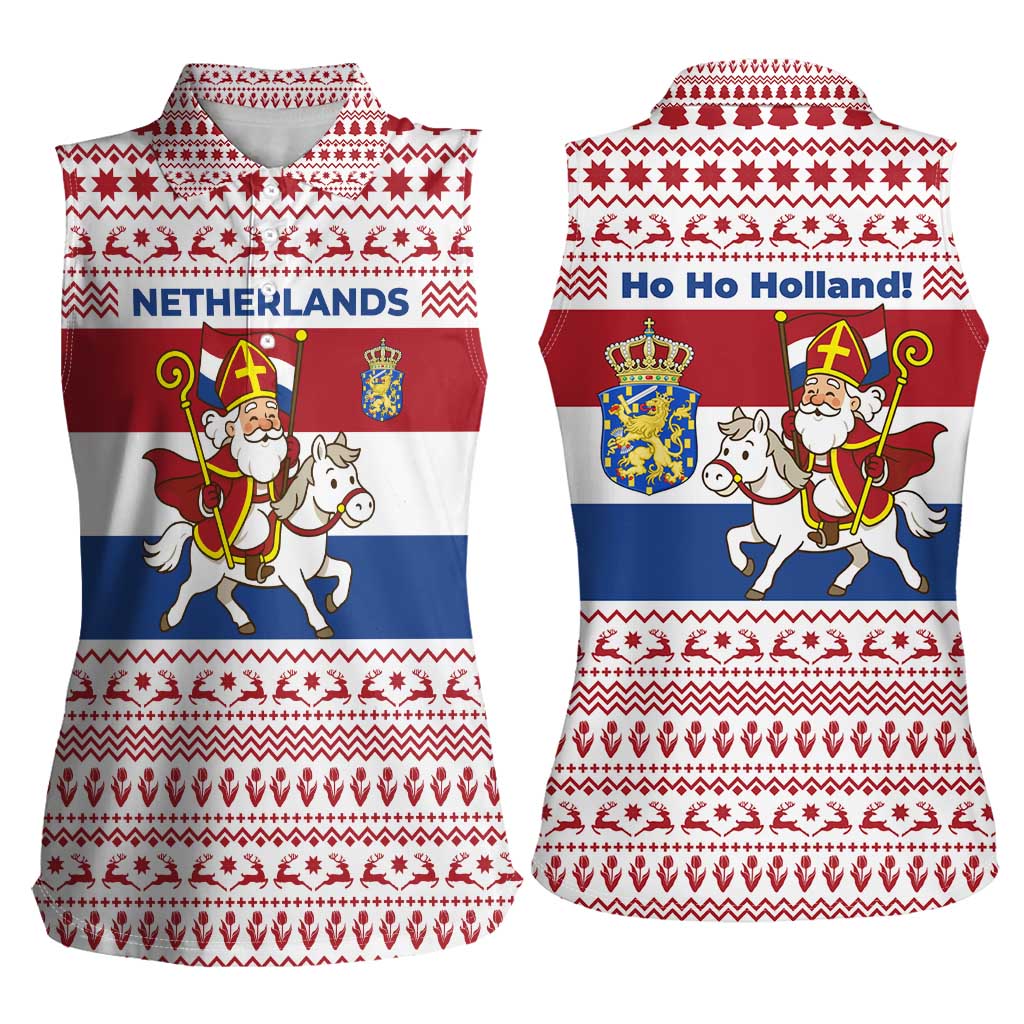 Netherlands Christmas Women Sleeveless Polo Shirt with Sinterklaas Horse Dutch Flag and Festive Knit Pattern - Wonder Print Shop