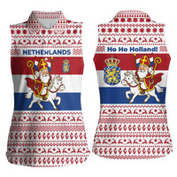 Netherlands Christmas Women Sleeveless Polo Shirt with Sinterklaas Horse Dutch Flag and Festive Knit Pattern - Wonder Print Shop