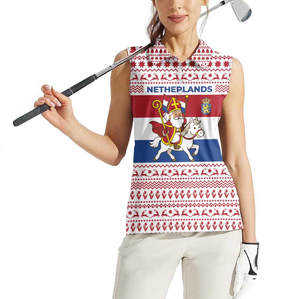 Netherlands Christmas Women Sleeveless Polo Shirt with Sinterklaas Horse Dutch Flag and Festive Knit Pattern - Wonder Print Shop