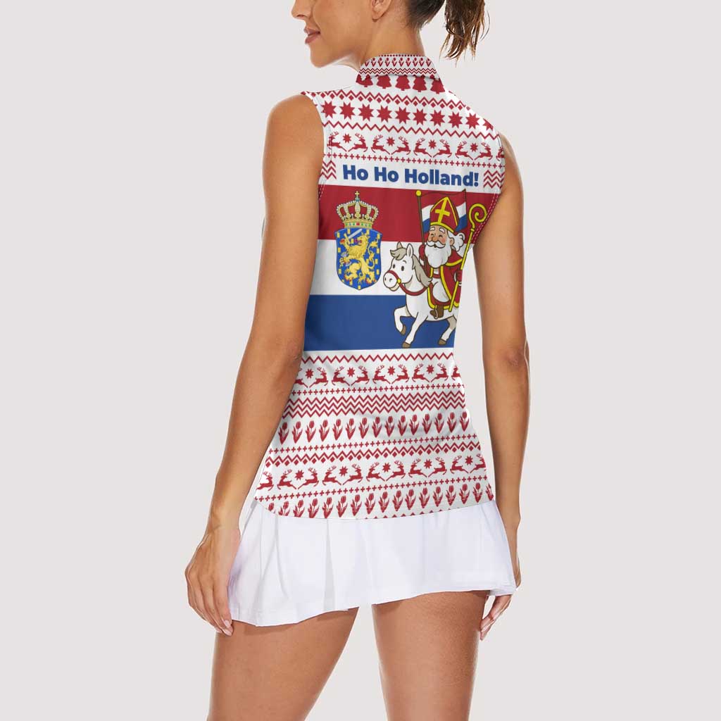 Netherlands Christmas Women Sleeveless Polo Shirt with Sinterklaas Horse Dutch Flag and Festive Knit Pattern - Wonder Print Shop