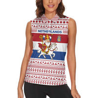 Netherlands Christmas Women Sleeveless Polo Shirt with Sinterklaas Horse Dutch Flag and Festive Knit Pattern - Wonder Print Shop