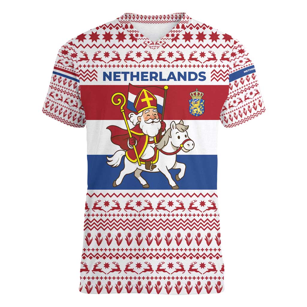 Netherlands Christmas Women V-Neck T-Shirt with Sinterklaas Horse Dutch Flag and Festive Knit Pattern - Wonder Print Shop