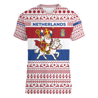 Netherlands Christmas Women V-Neck T-Shirt with Sinterklaas Horse Dutch Flag and Festive Knit Pattern - Wonder Print Shop