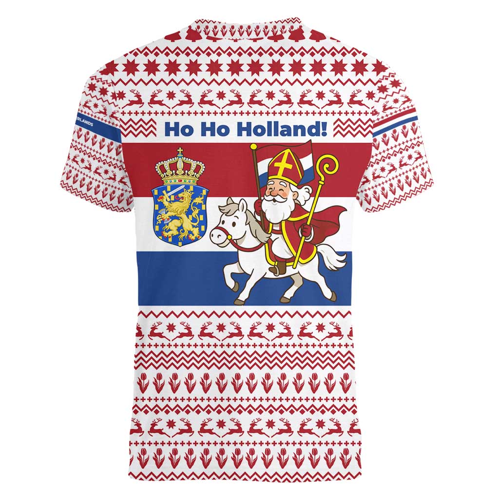 Netherlands Christmas Women V-Neck T-Shirt with Sinterklaas Horse Dutch Flag and Festive Knit Pattern - Wonder Print Shop