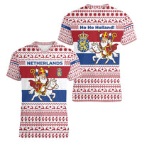 Netherlands Christmas Women V-Neck T-Shirt with Sinterklaas Horse Dutch Flag and Festive Knit Pattern - Wonder Print Shop
